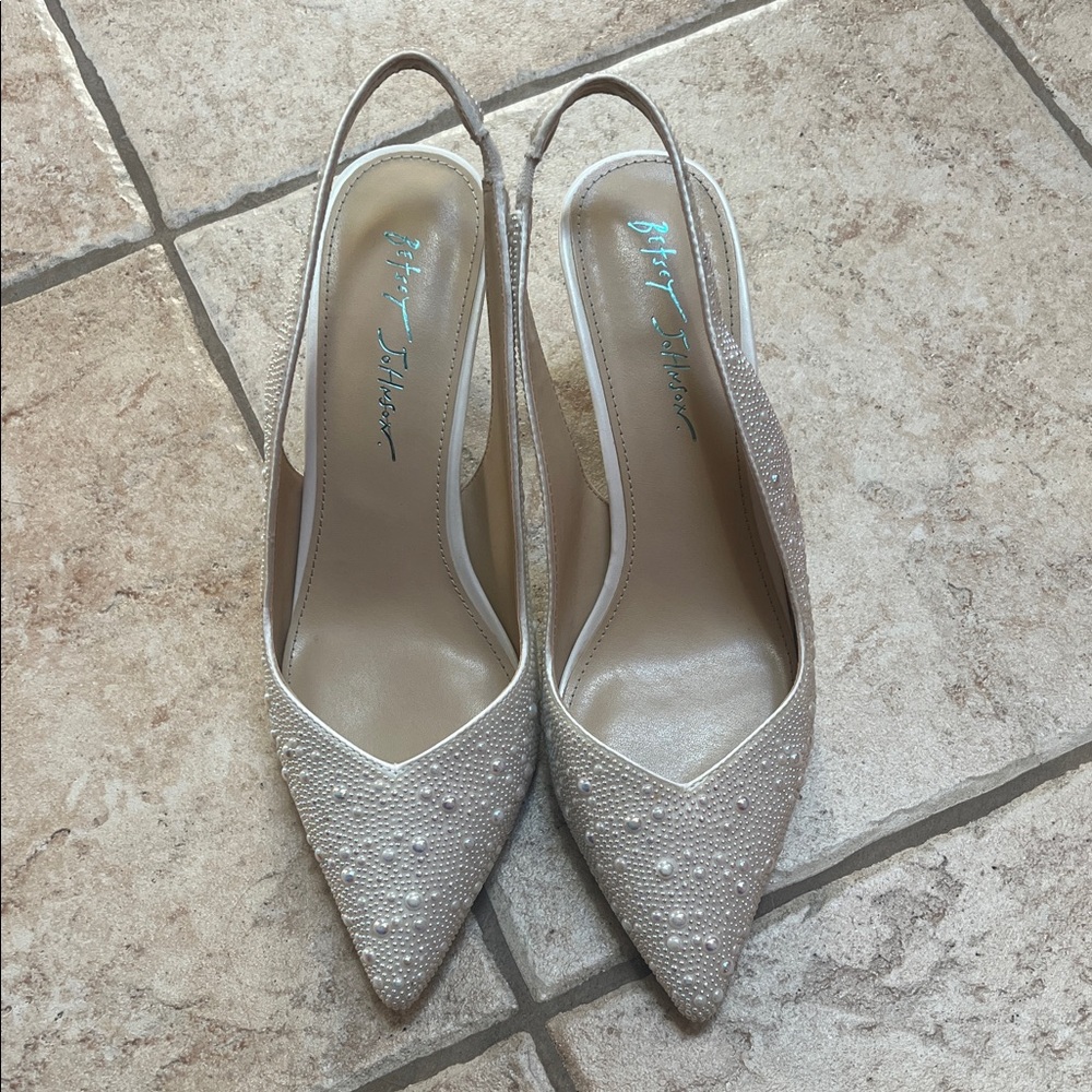 Betsey Johnson Ivory Pearl Embellished Slingback Heels - Picture 5 of 5